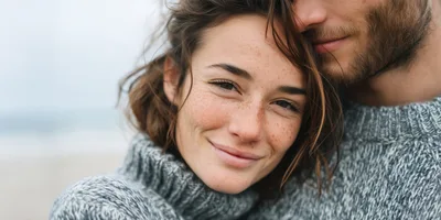 Close Up Portrait Of A Happy Couple In Sweaters