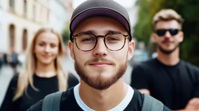 Young Man Wearing Glasses and Cap Outdoors