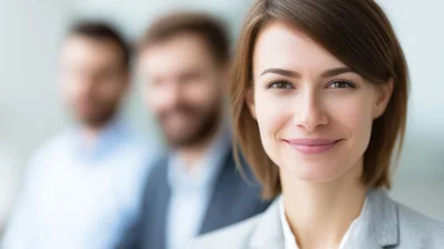 Professional Businesswoman Smiling In Office With Colleagues