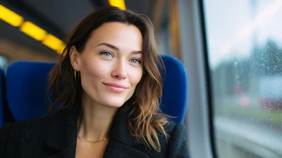 Young Woman Smiling While Traveling On A Train
