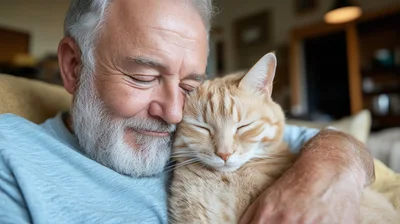 Senior Man Cuddling His Orange Tabby Cat