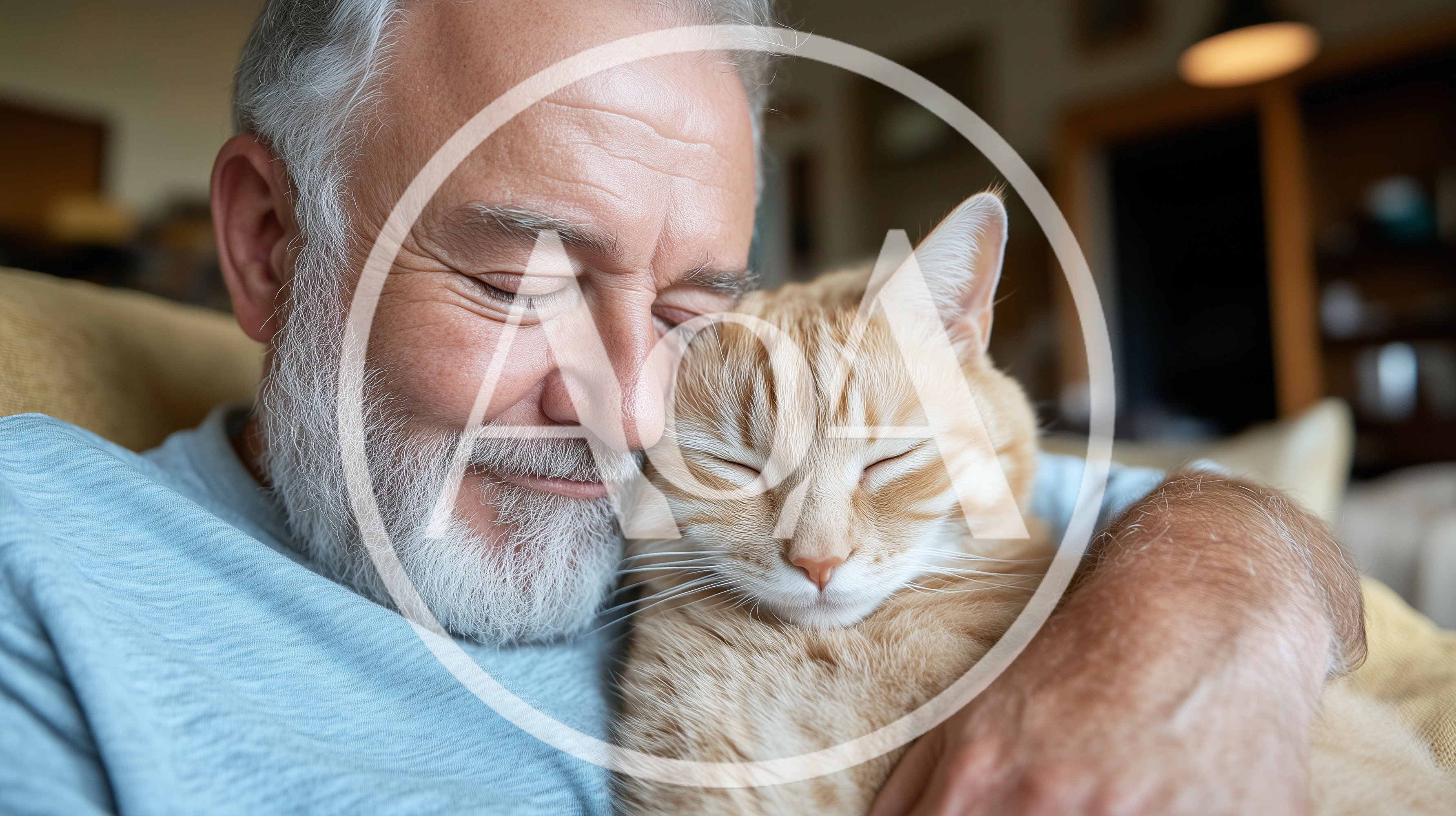 Senior Man Cuddling His Orange Tabby Cat