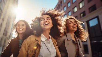 Three Happy Young Women Walking Together In The City
