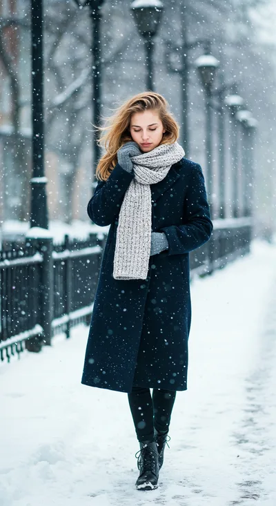 Young Woman Walking Through Snowy City Street
