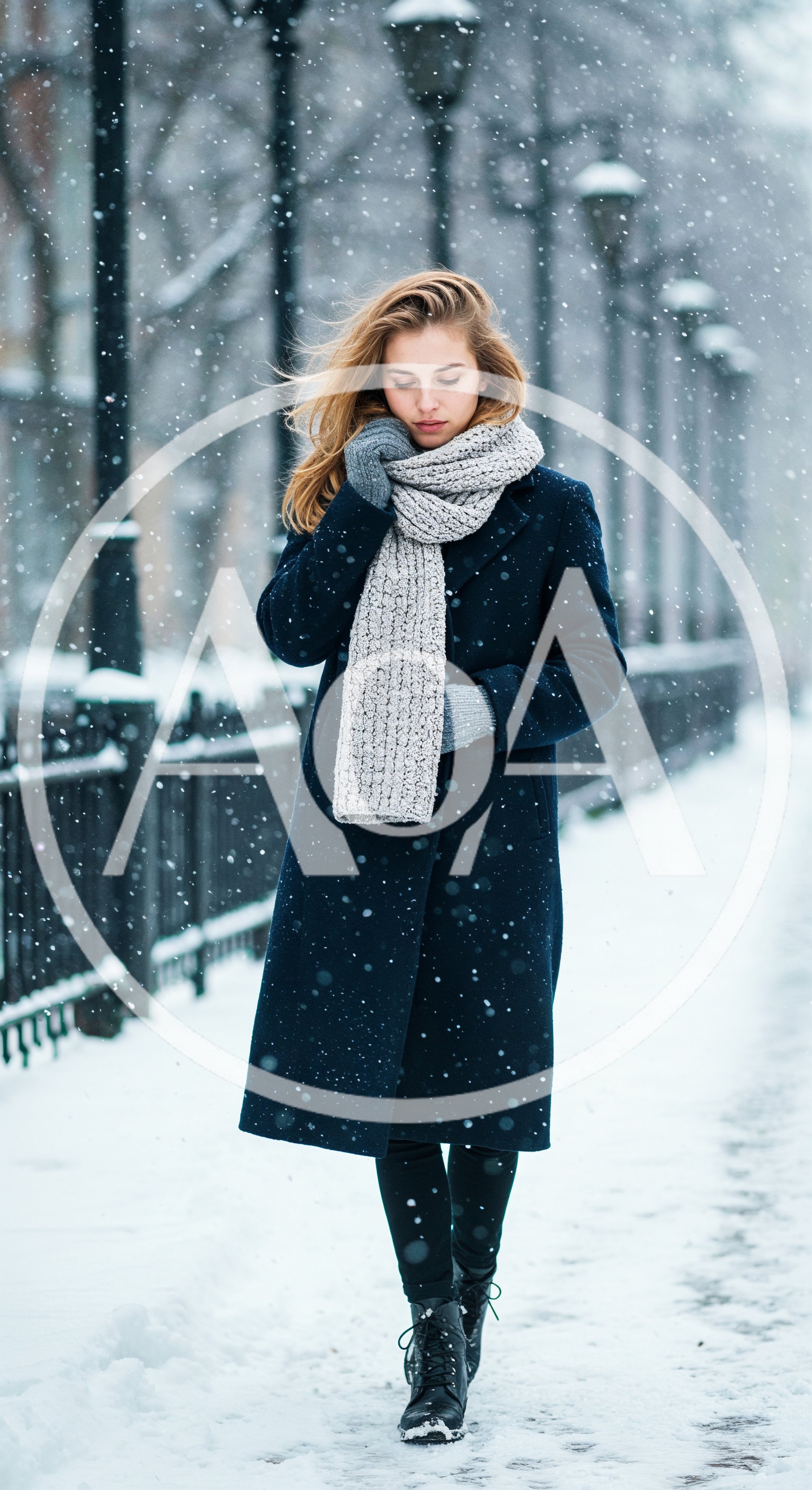 Young Woman Walking Through Snowy City Street