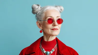 Stylish Senior Woman With Space Buns And Red Sunglasses