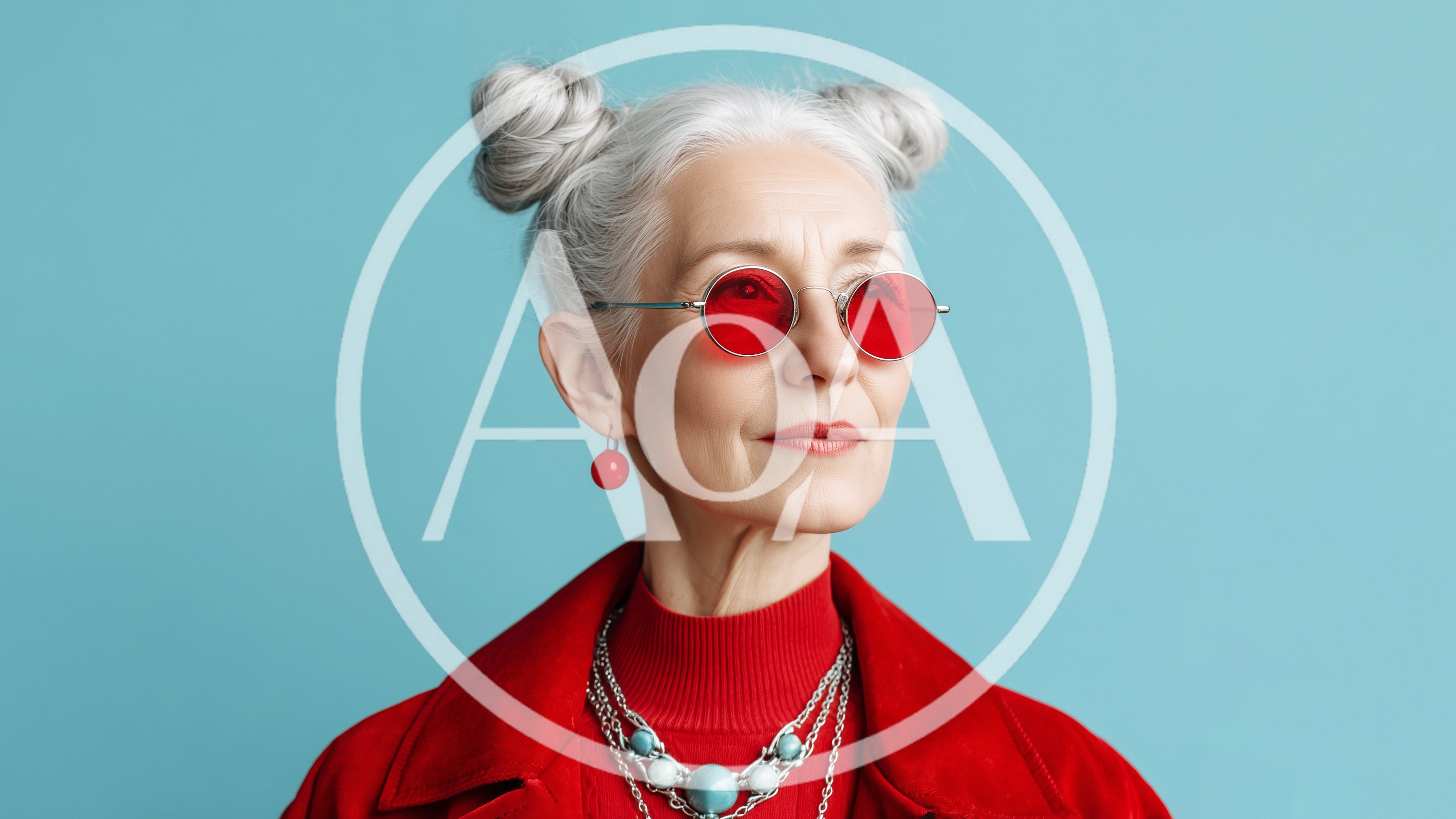 Stylish Senior Woman With Space Buns And Red Sunglasses