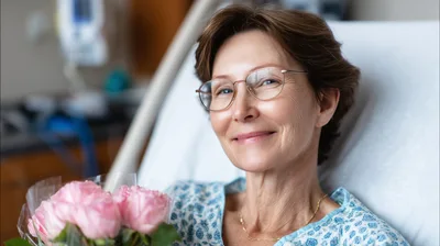 Smiling Mature Woman Holding Pink Roses In Hospital Bed