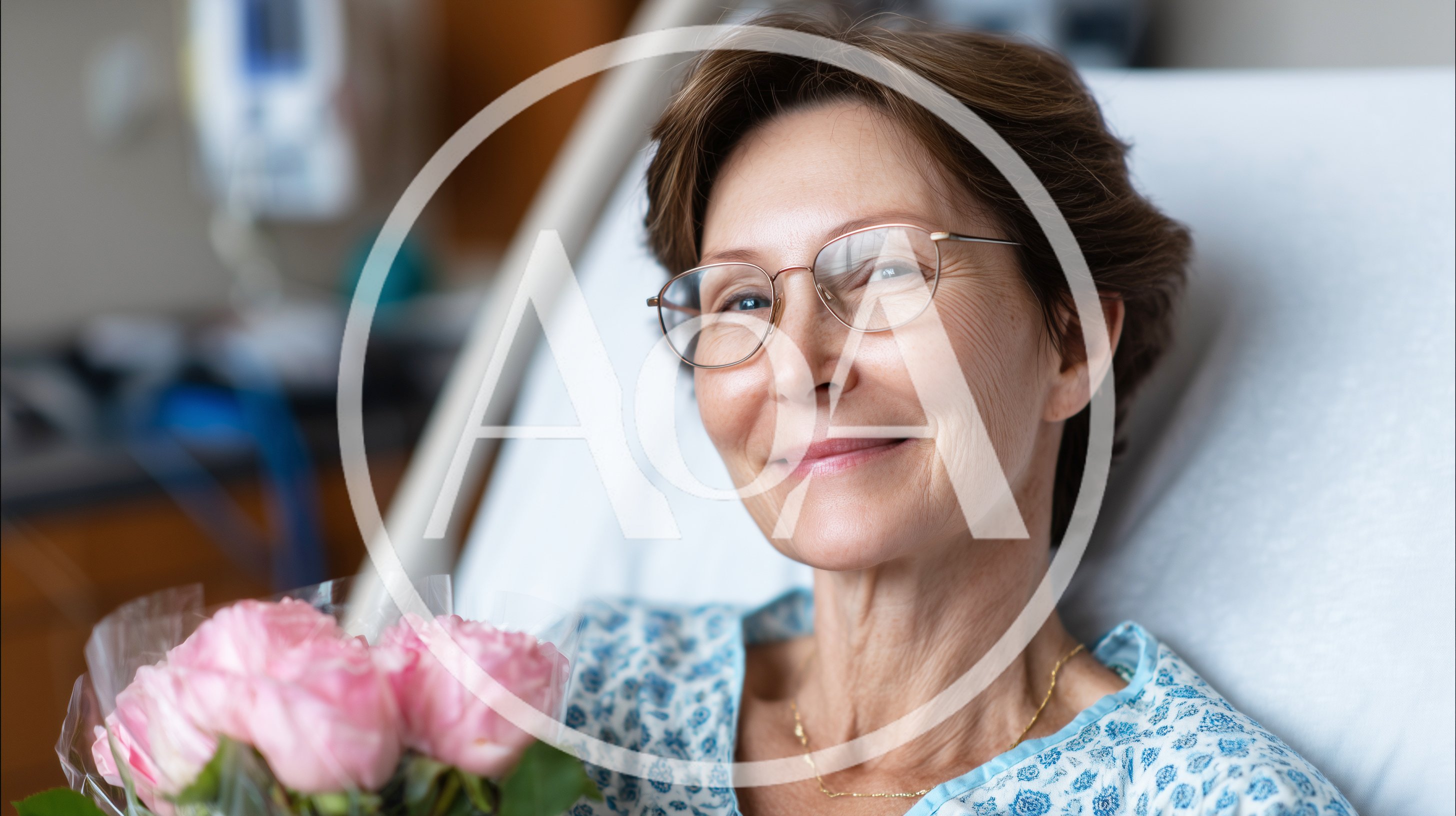 Smiling Mature Woman Holding Pink Roses In Hospital Bed