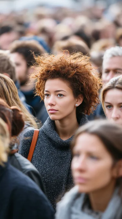 Young Woman With Curly Hair In A Crowded Street