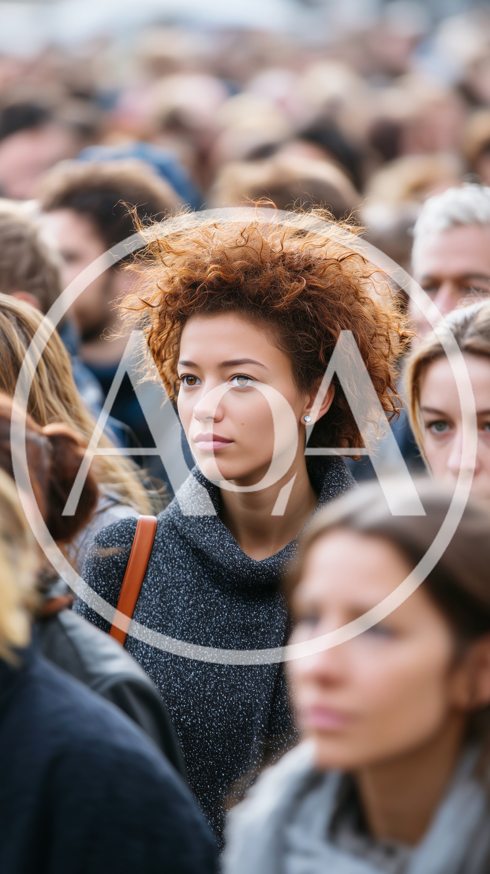 Young Woman With Curly Hair In A Crowded Street
