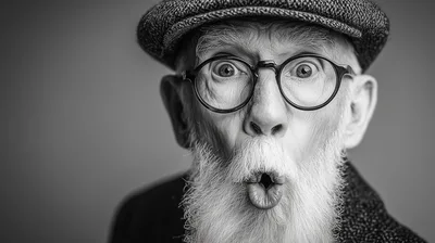 Surprised Elderly Man With Beard And Glasses