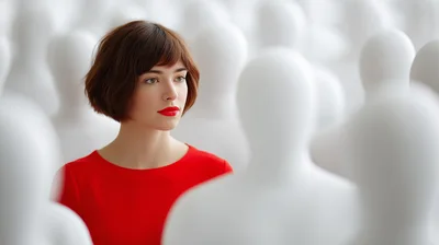 Woman in Red Dress Standing Among White Mannequins