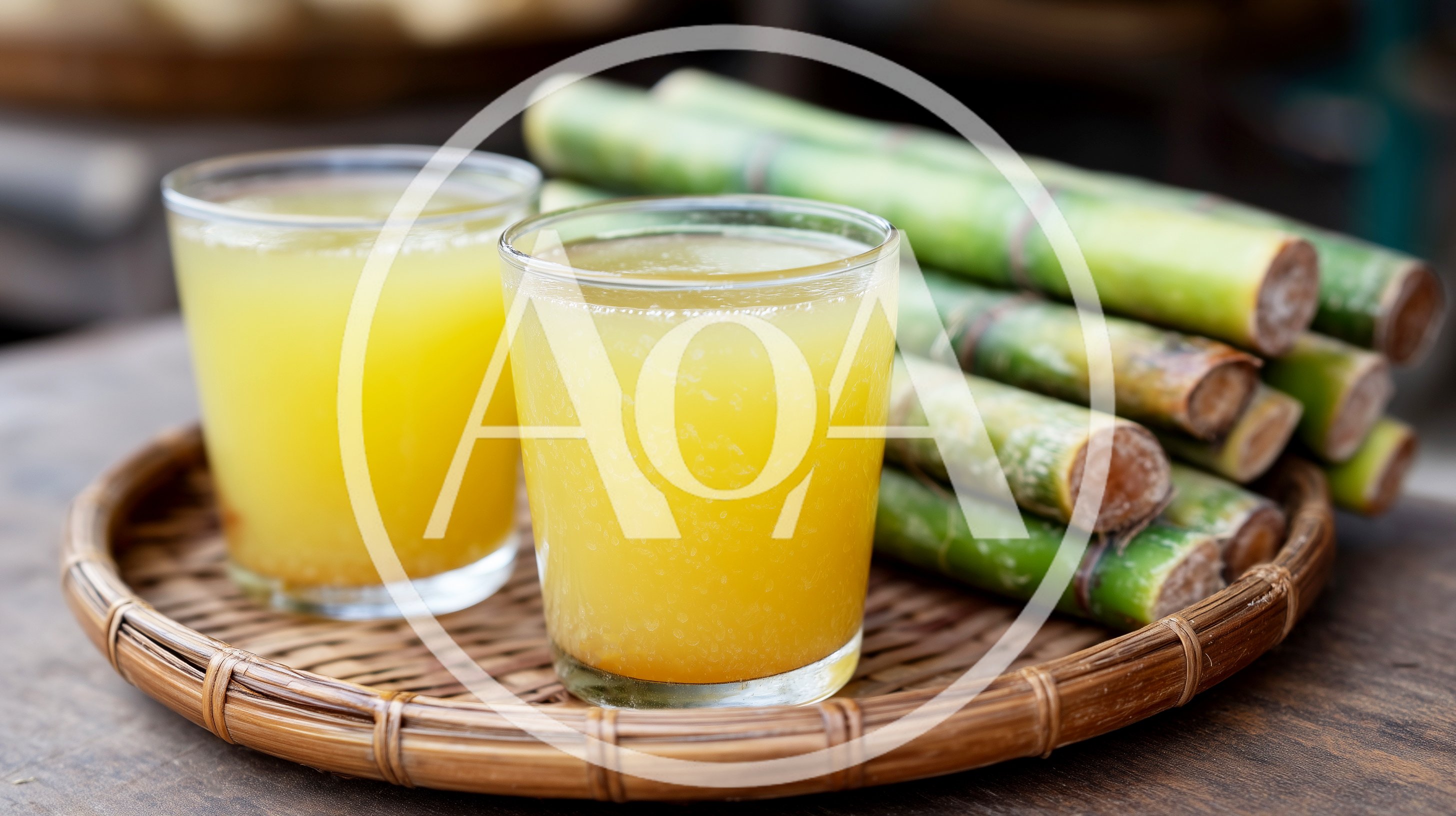 Two Glasses Of Fresh Sugarcane Juice On A Woven Tray