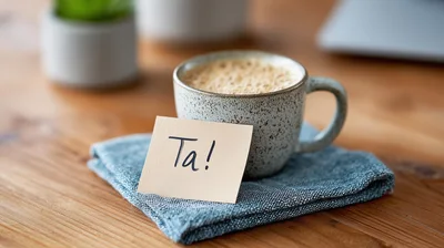 Coffee Mug With A Thank You Note On A Wooden Desk