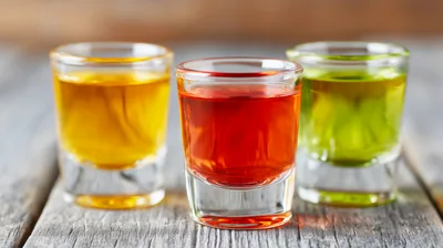 Three Colorful Shot Glasses On A Wooden Table