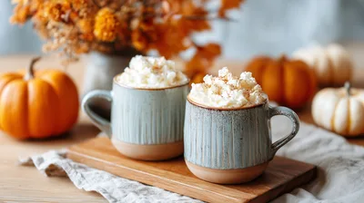 Two Mugs Of Pumpkin Spice Latte With Whipped Cream