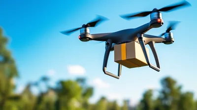 Delivery Drone Carrying A Package In Flight