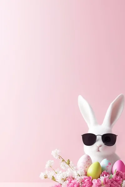White Easter Bunny Wearing Sunglasses With Colorful Eggs