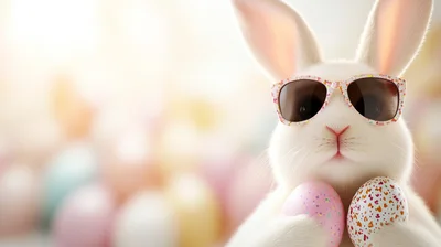 Cute Easter Bunny Wearing Sunglasses Holding Decorated Eggs