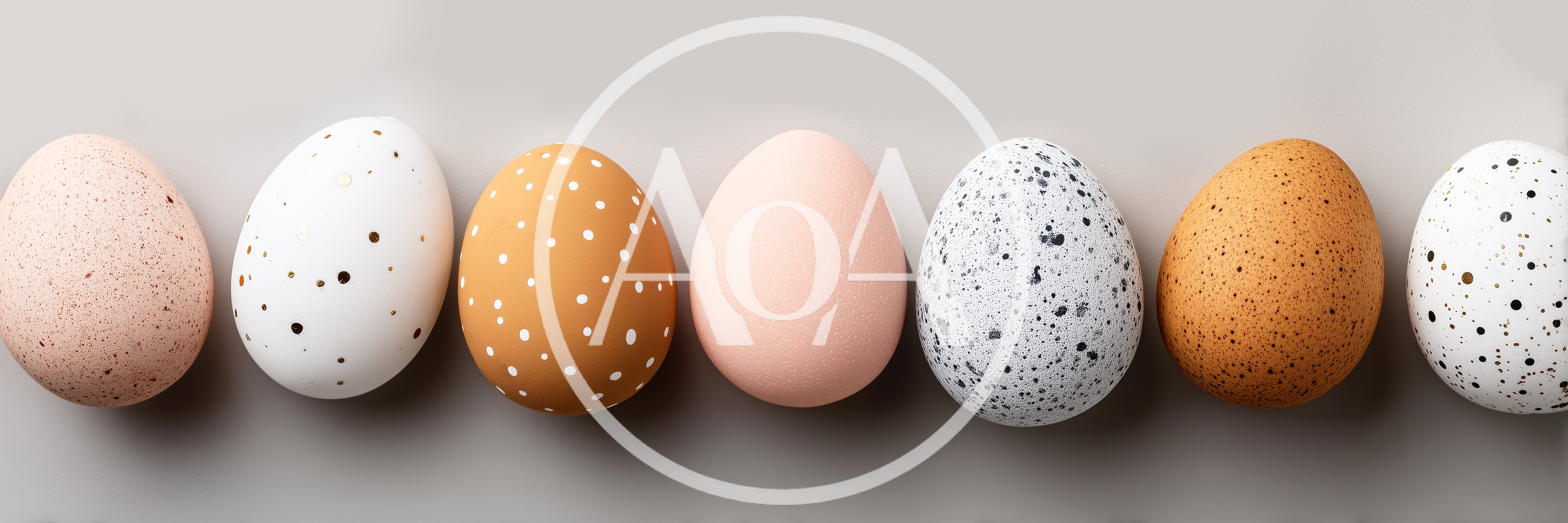 Seven Decorative Easter Eggs Lined Up On Gray Background