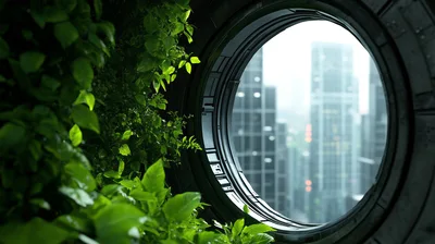 Futuristic Circular Window Overlooking A Modern Cityscape