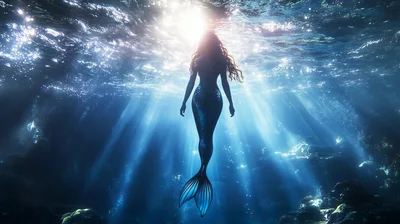 Mermaid Swimming Underwater Toward The Surface