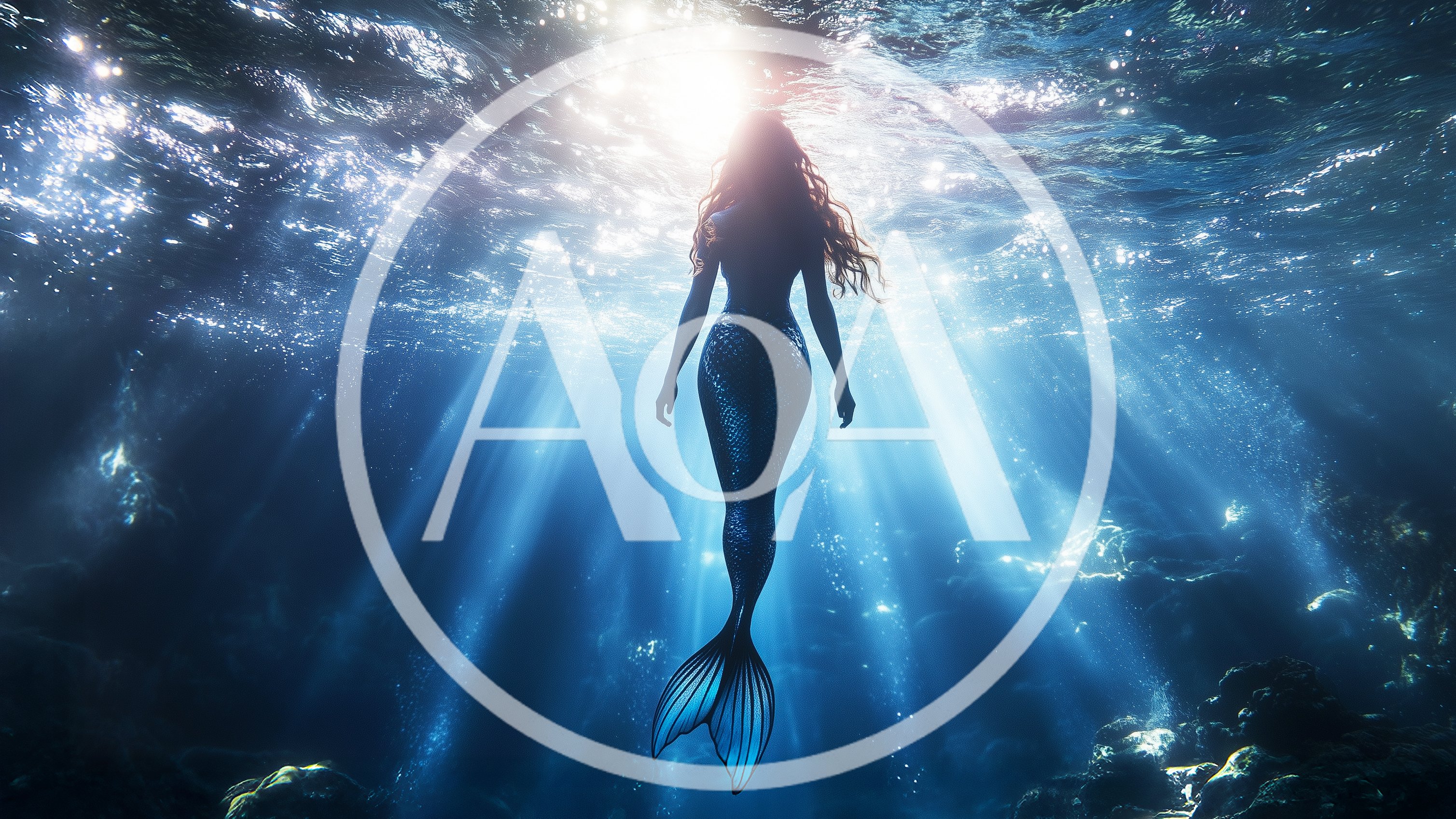 Mermaid Swimming Underwater Toward The Surface