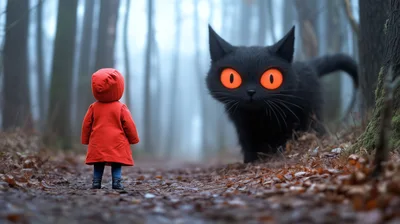 Small Child In Red Coat Facing Giant Black Cat