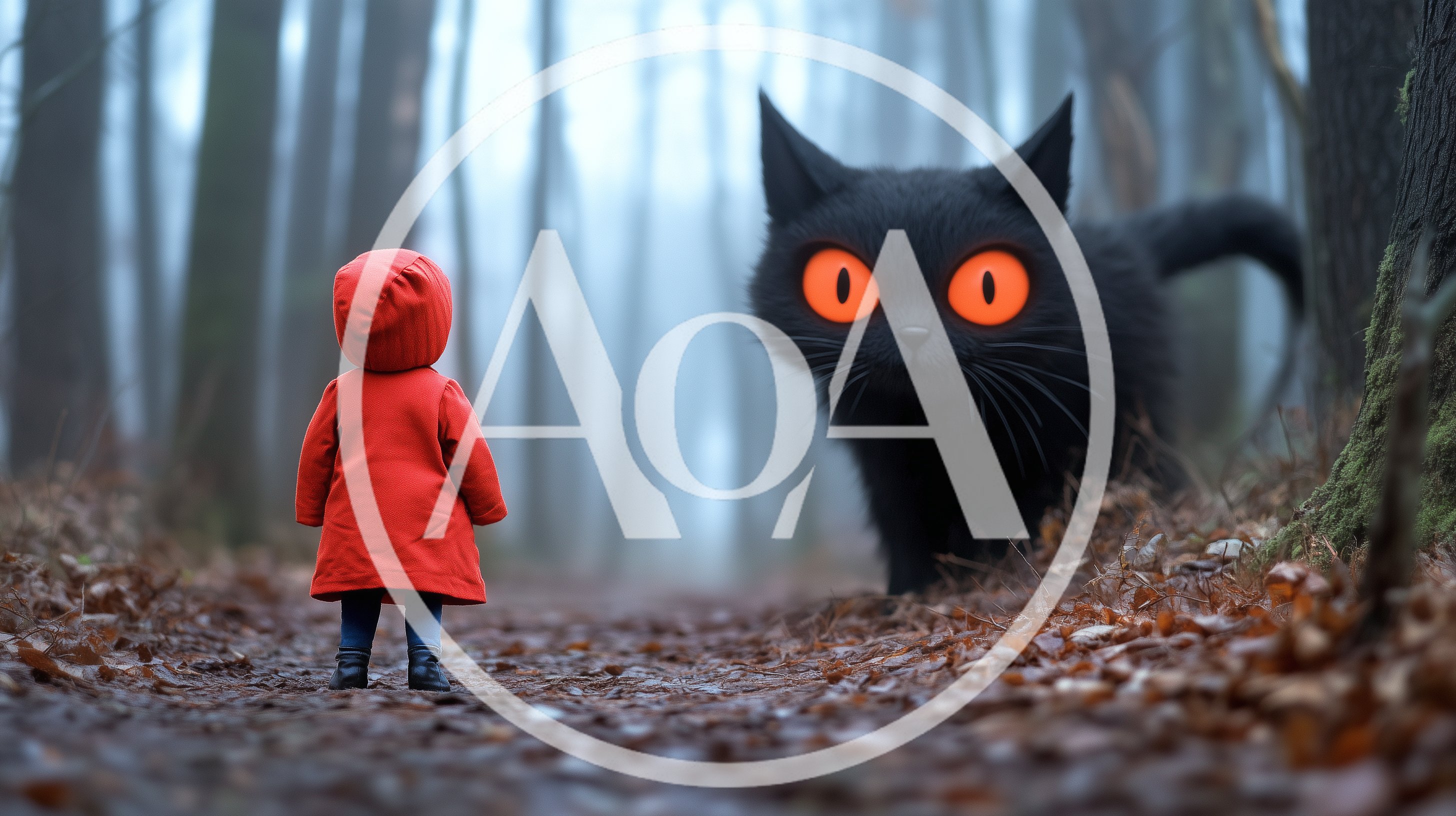 Small Child In Red Coat Facing Giant Black Cat