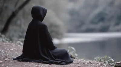 Person In A Black Hooded Cloak Sitting By A Lake