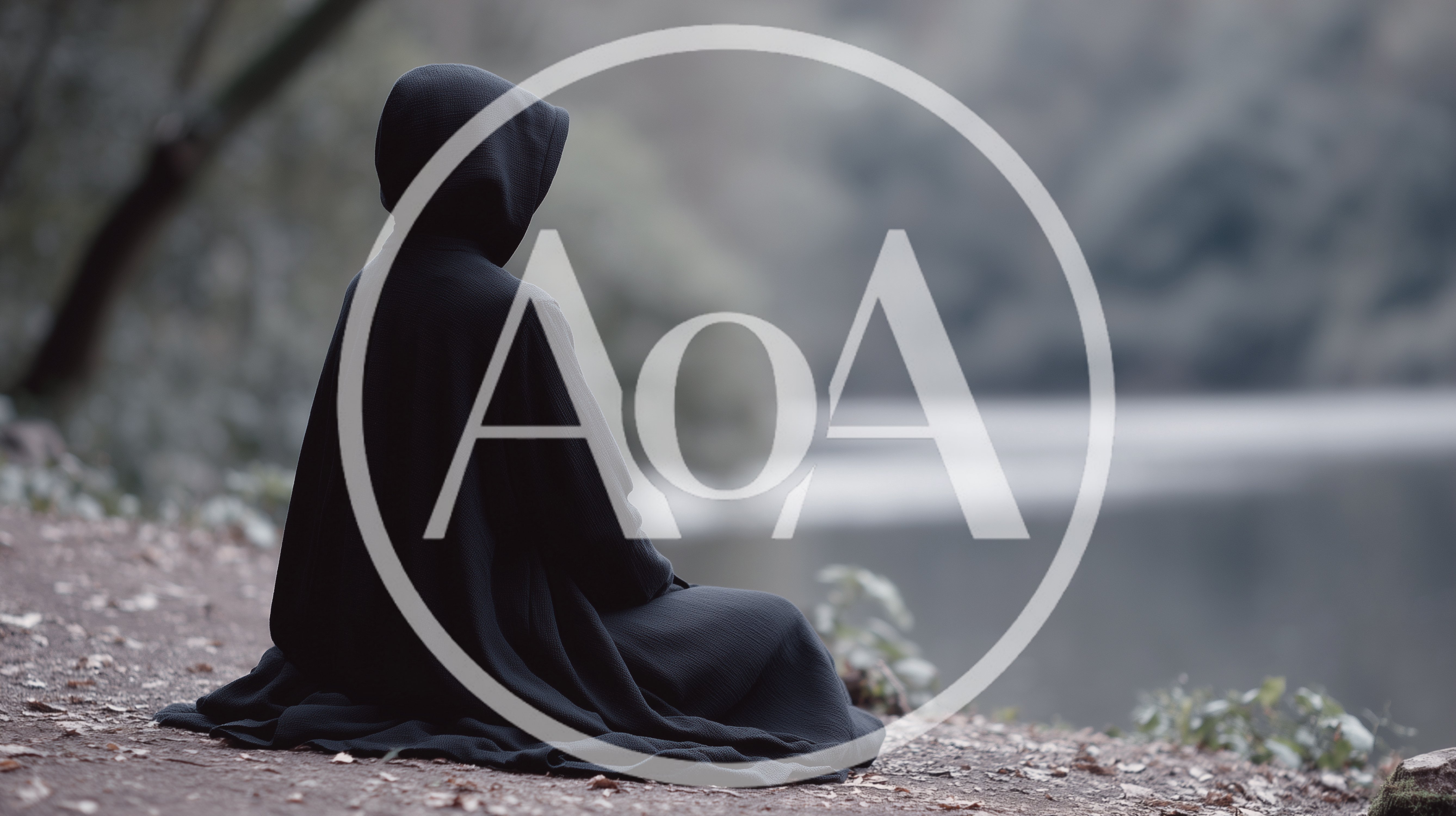 Person In A Black Hooded Cloak Sitting By A Lake