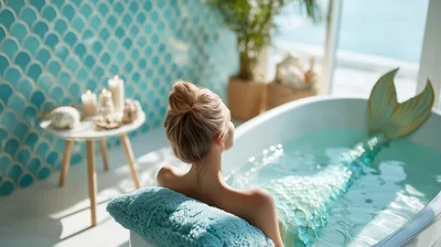 Mermaid Relaxing in a Bathtub with Teal Decor