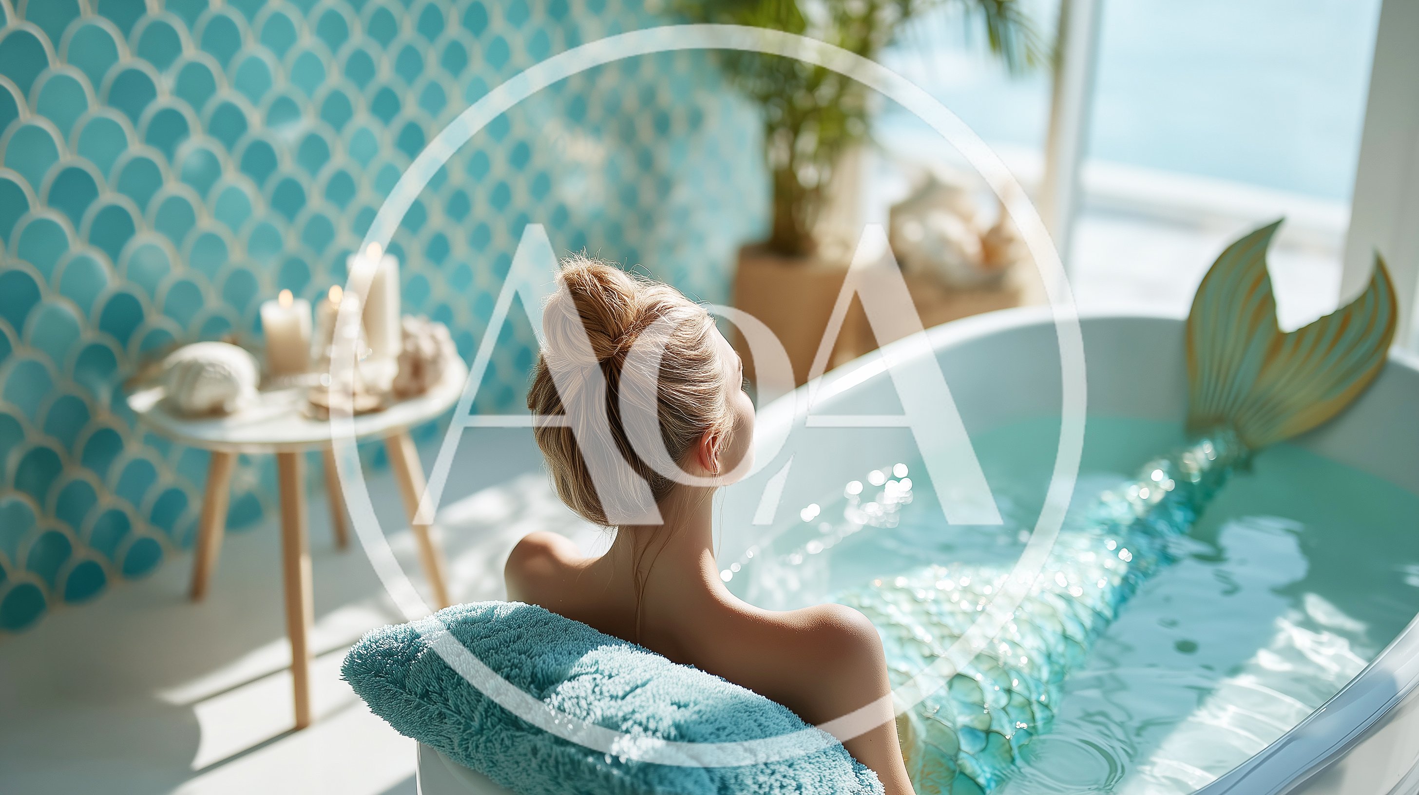 Mermaid Relaxing in a Bathtub with Teal Decor