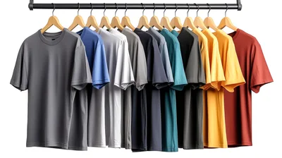 Row of Colorful T-Shirts Hanging on Rack