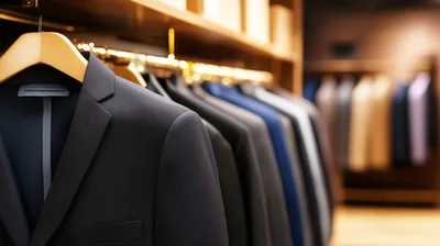 Row Of Formal Suits Hanging In A Clothing Store
