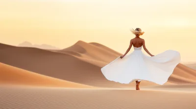 Woman In White Dress Walking Through Desert Dunes