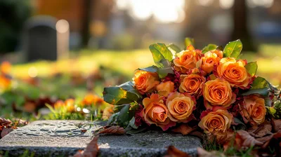 Orange Roses Resting On A Cemetery Grave Marker
