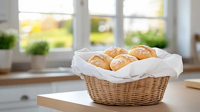 Fresh Bread Rolls In A Wicker Basket