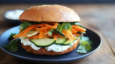 Gourmet Vegetable Burger On A Dark Plate