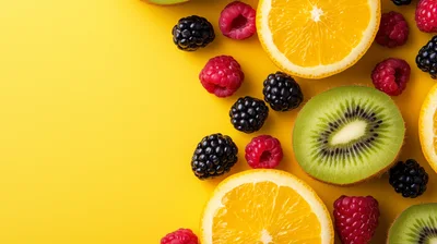 Fresh Assorted Fruit Slices and Berries on Yellow Background