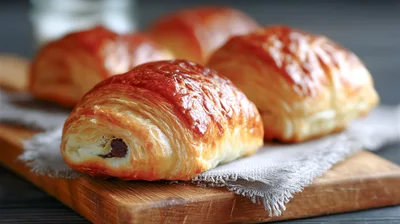 Freshly Baked Chocolate Croissants on a Wooden Board