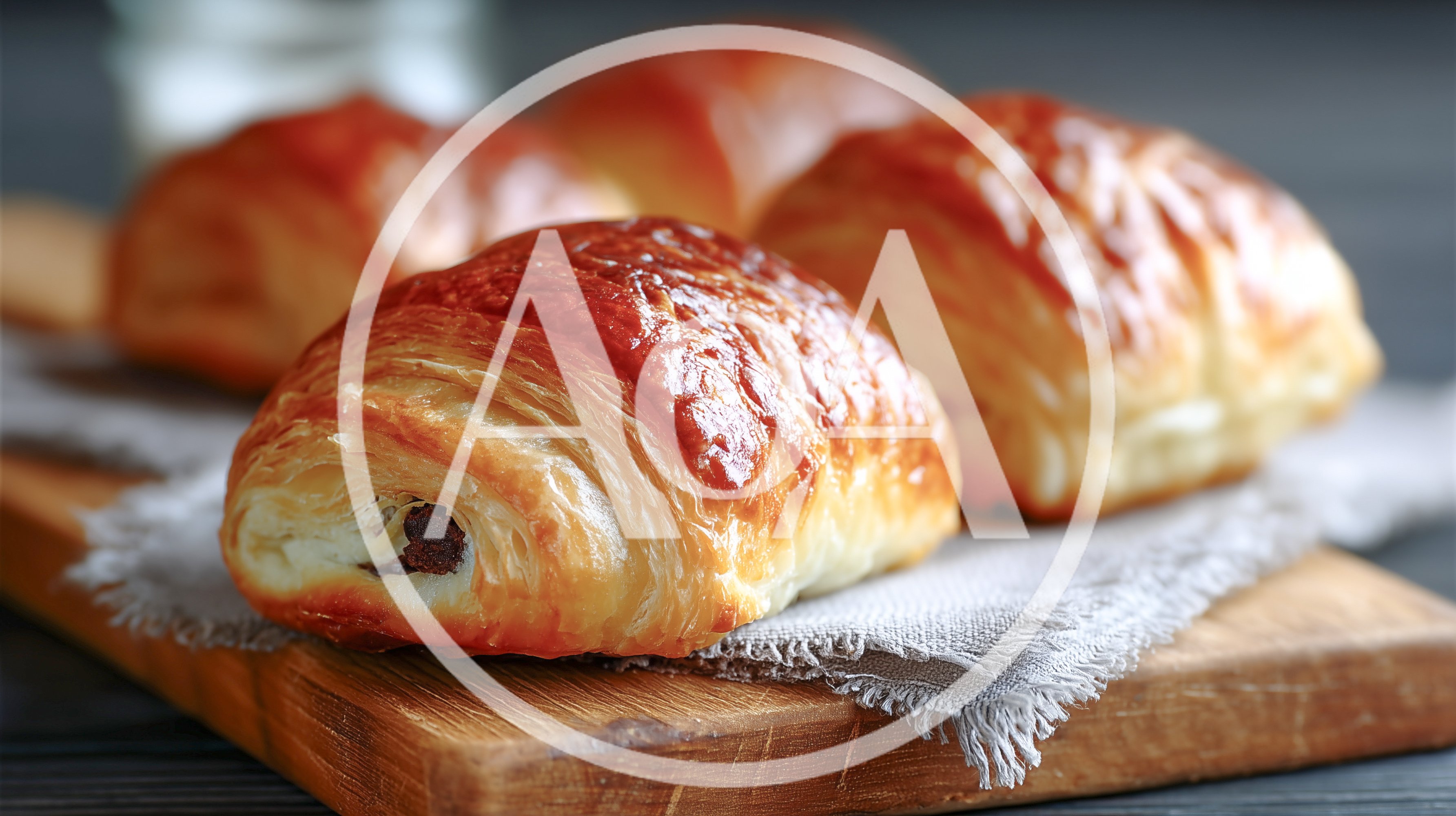 Freshly Baked Chocolate Croissants on a Wooden Board