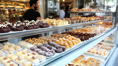 Assorted Pastries Displayed In A Bakery Showcase