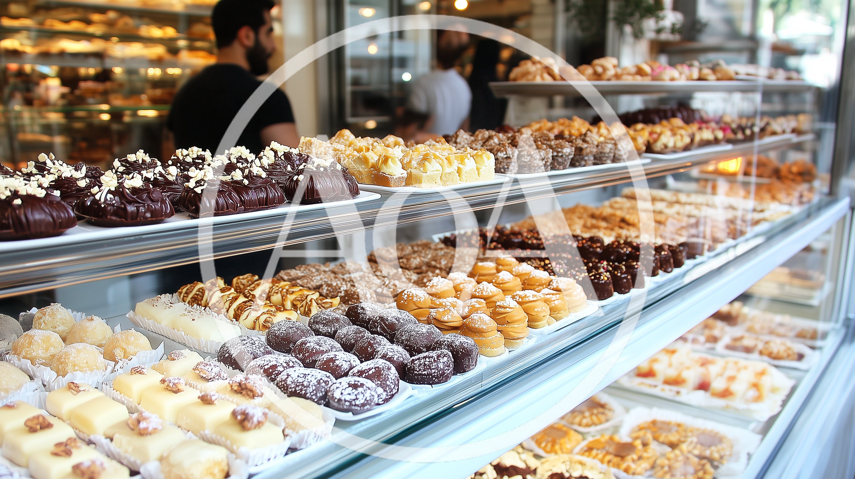 Assorted Pastries Displayed In A Bakery Showcase