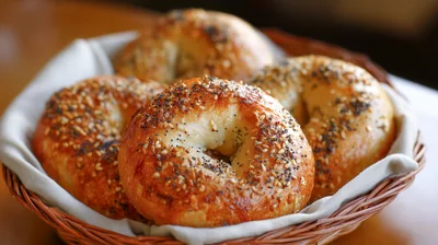 Freshly Baked Everything Bagels In A Woven Basket