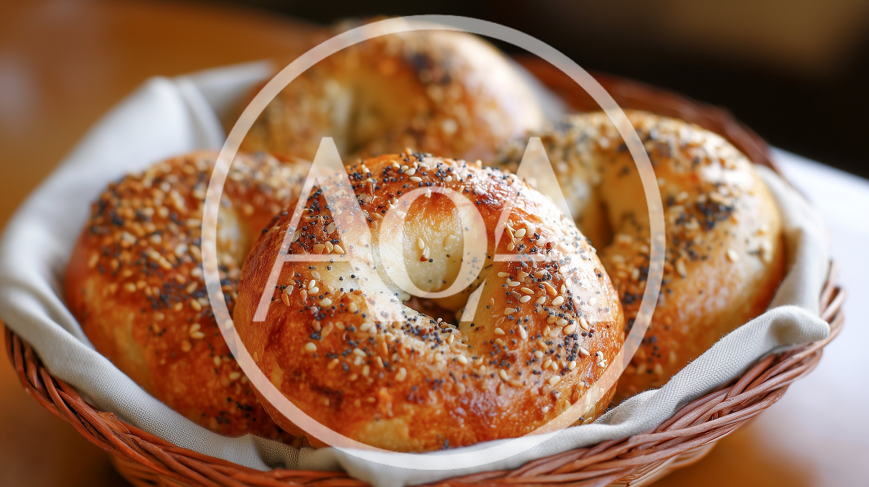 Freshly Baked Everything Bagels In A Woven Basket