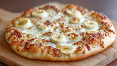 Banana And Cheese Dessert Pizza On Wooden Board