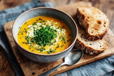 Bowl Of Creamy Pumpkin Soup With Fresh Chives