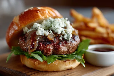 Gourmet Blue Cheese Burger With Caramelized Onions